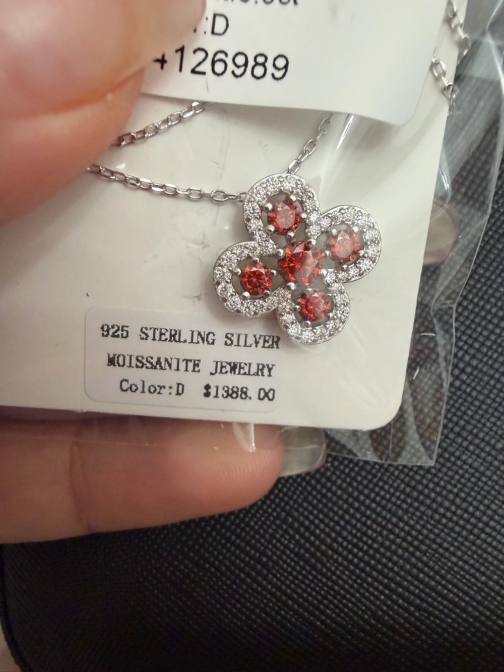Moissanite Sterling Silver Red clover Pendant Necklace - Picture 2 of 3